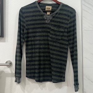 All-Son Green & Black striped Henley shirt